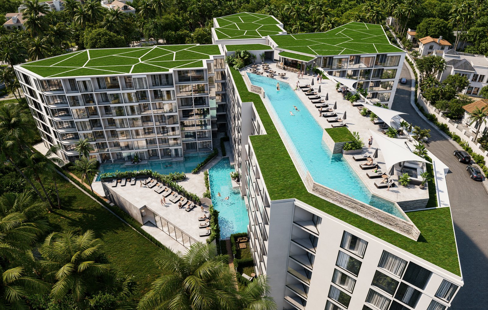 Aerial view of the rooftop infinity pool and the pools at garden level