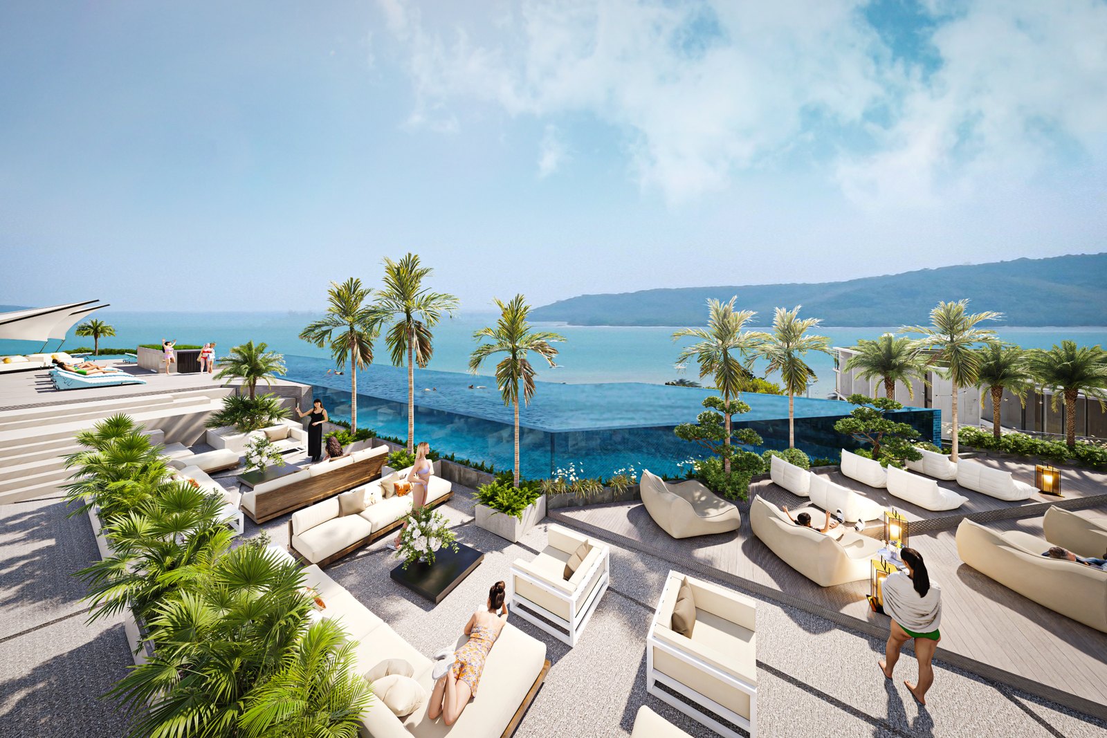 Rooftop lounge and infinity pool looking out over the sea and the islands