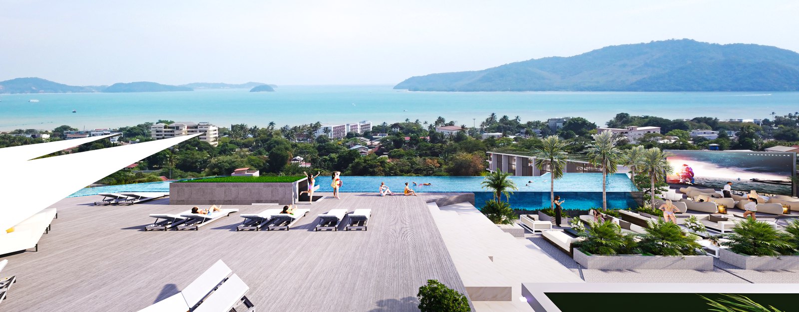 Rooftop deck and pool with a panorama of the bay