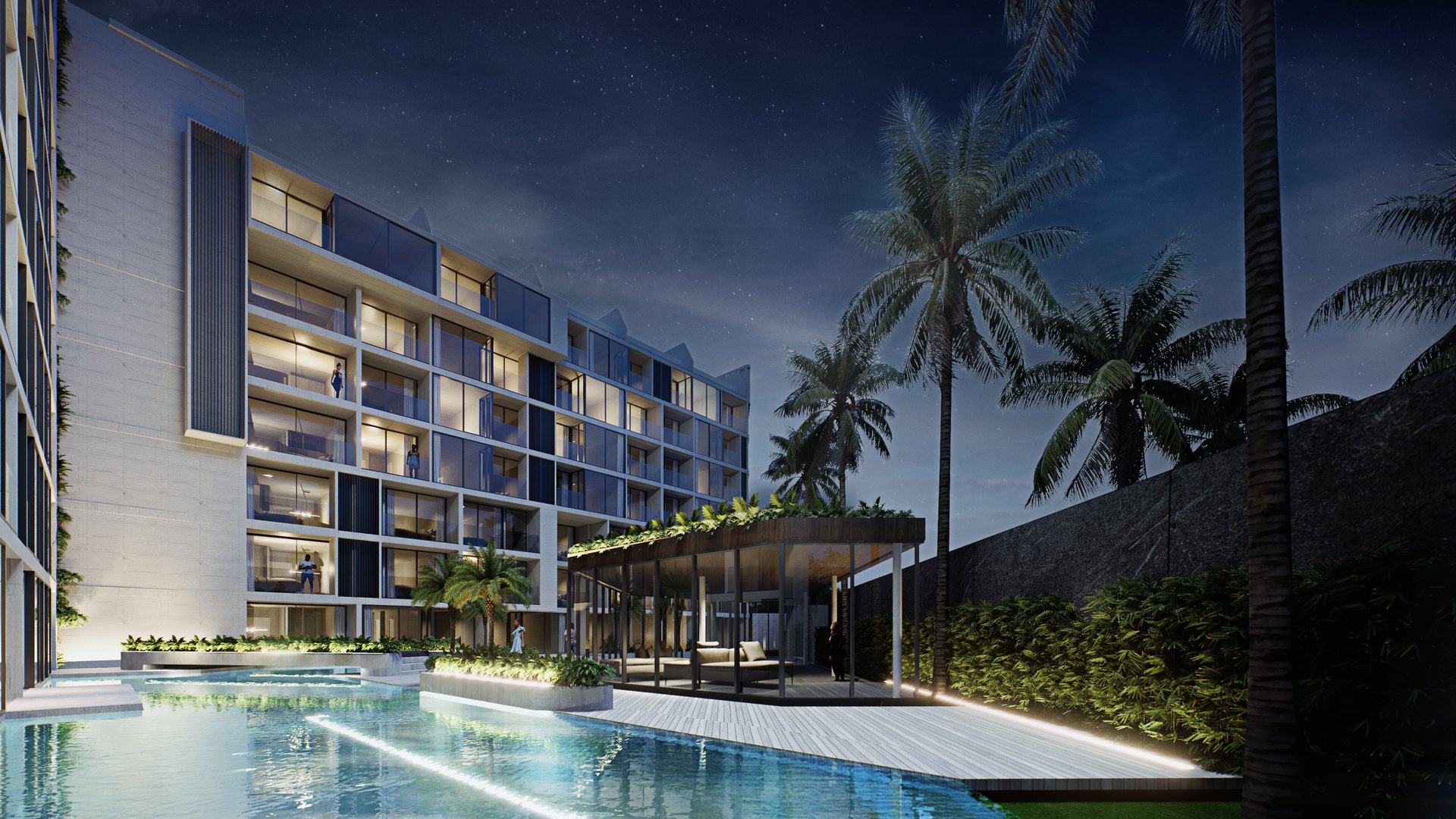 Aerial view of the rooftop infinity pool and the pools at garden level