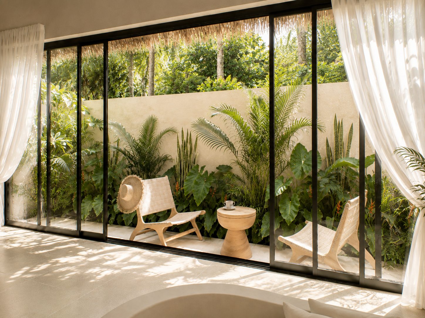 Living space opening to the pool garden through full-height glass