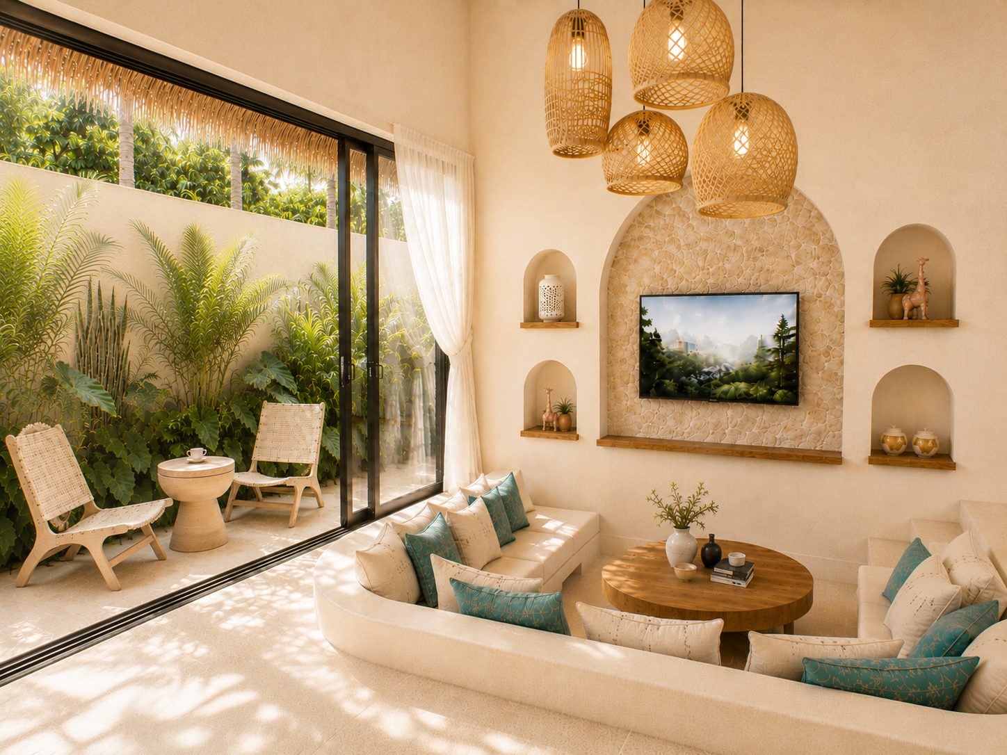 Sunken stone lounge with arched natural-stone TV recess