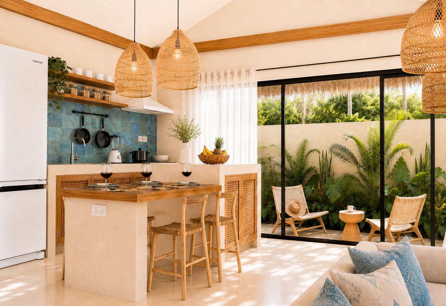 Open-plan concrete kitchen with island and dining table