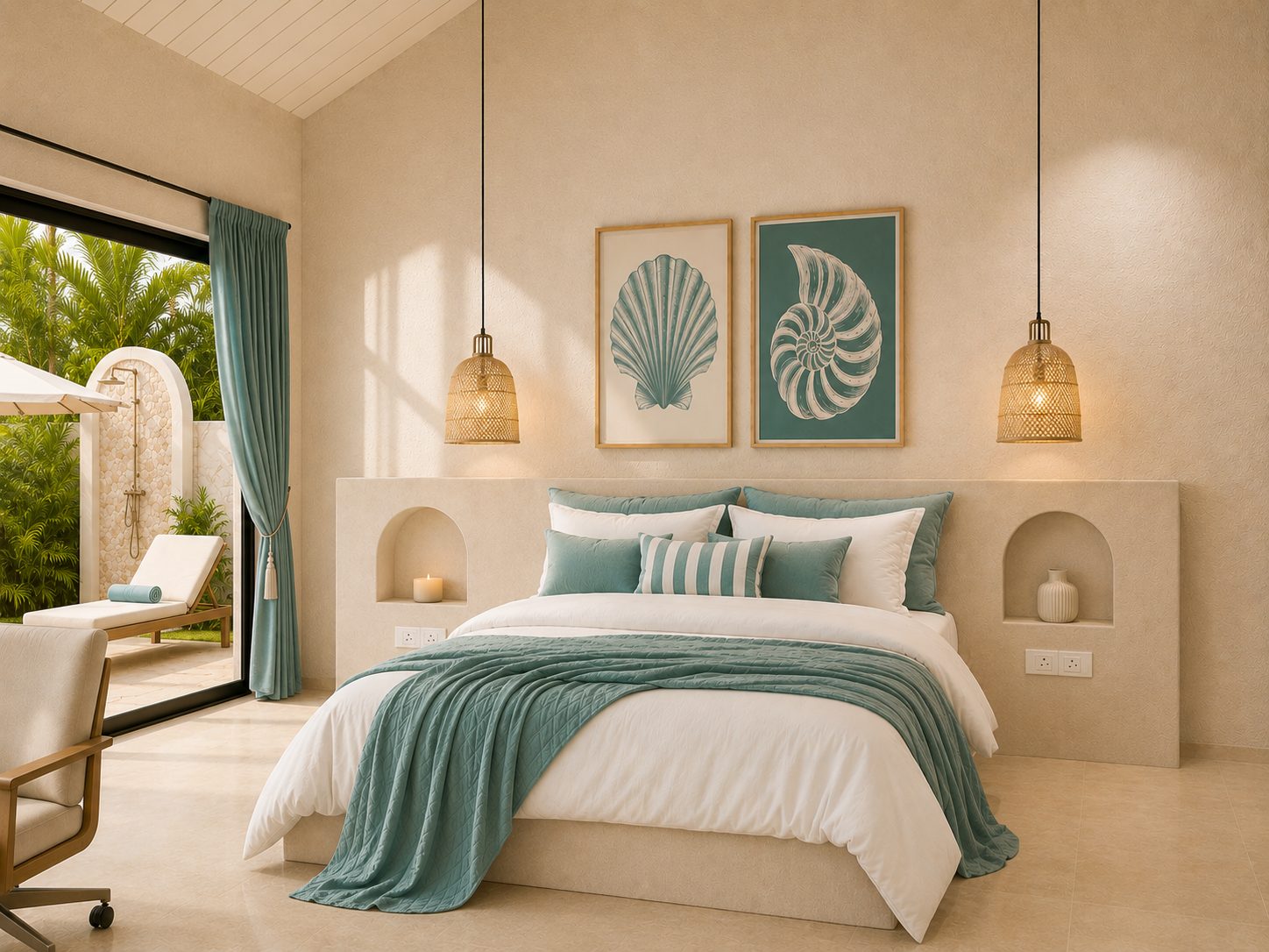 Bedroom with concrete bed and ocean-blue accents