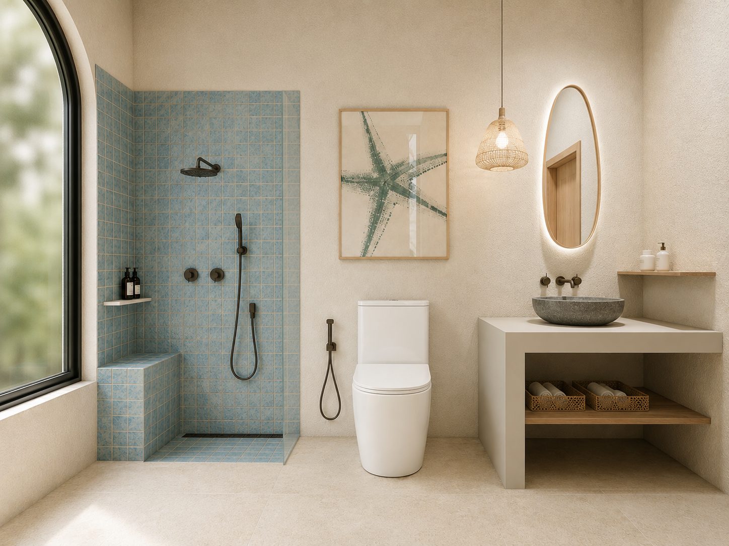 Ensuite bathroom with arched window and walk-in shower