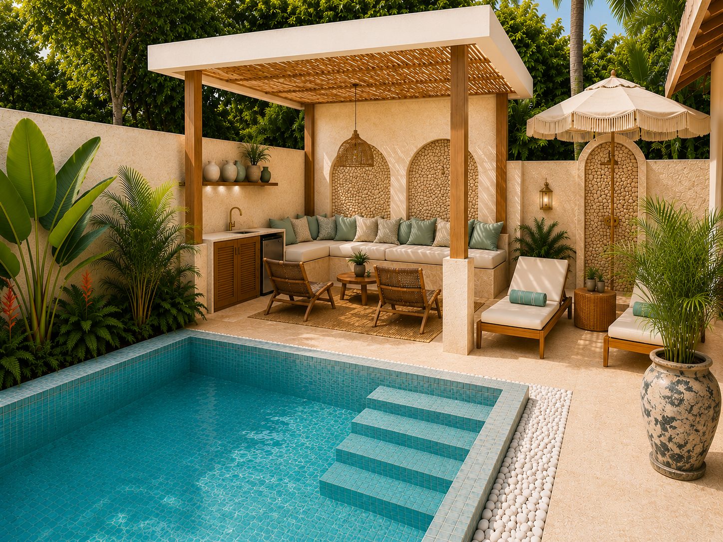 Two-bedroom villa pool with covered sala and loungers