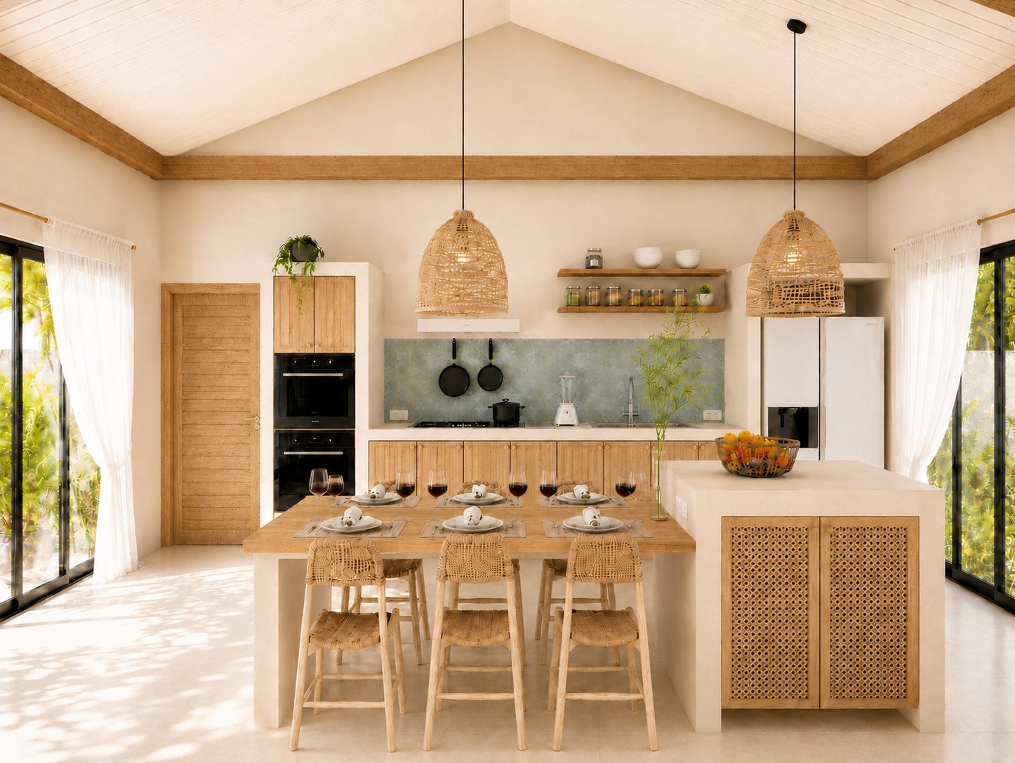 Solid-concrete kitchen with island in a two-bedroom villa