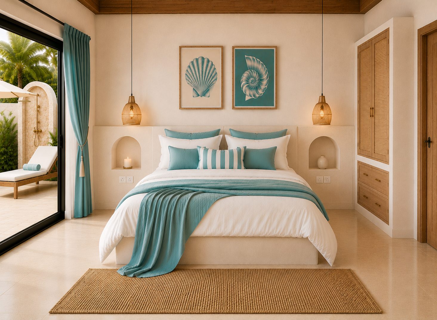 Air-conditioned bedroom with built-in concrete wardrobe