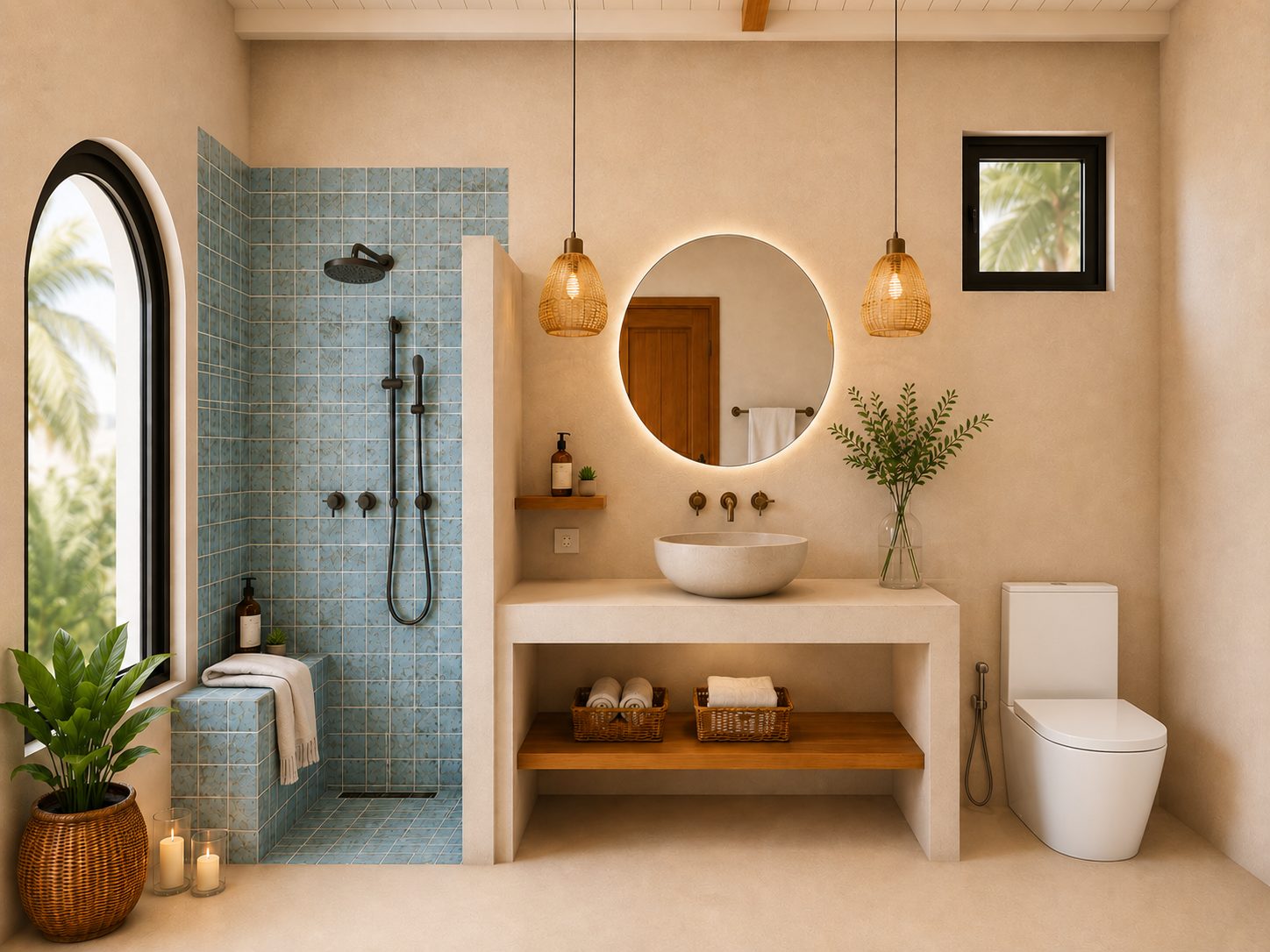 Ensuite bathroom with ocean-blue tiled walk-in shower