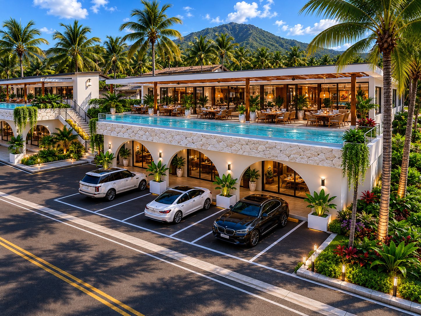 Resort-style facilities building at the entrance to the community