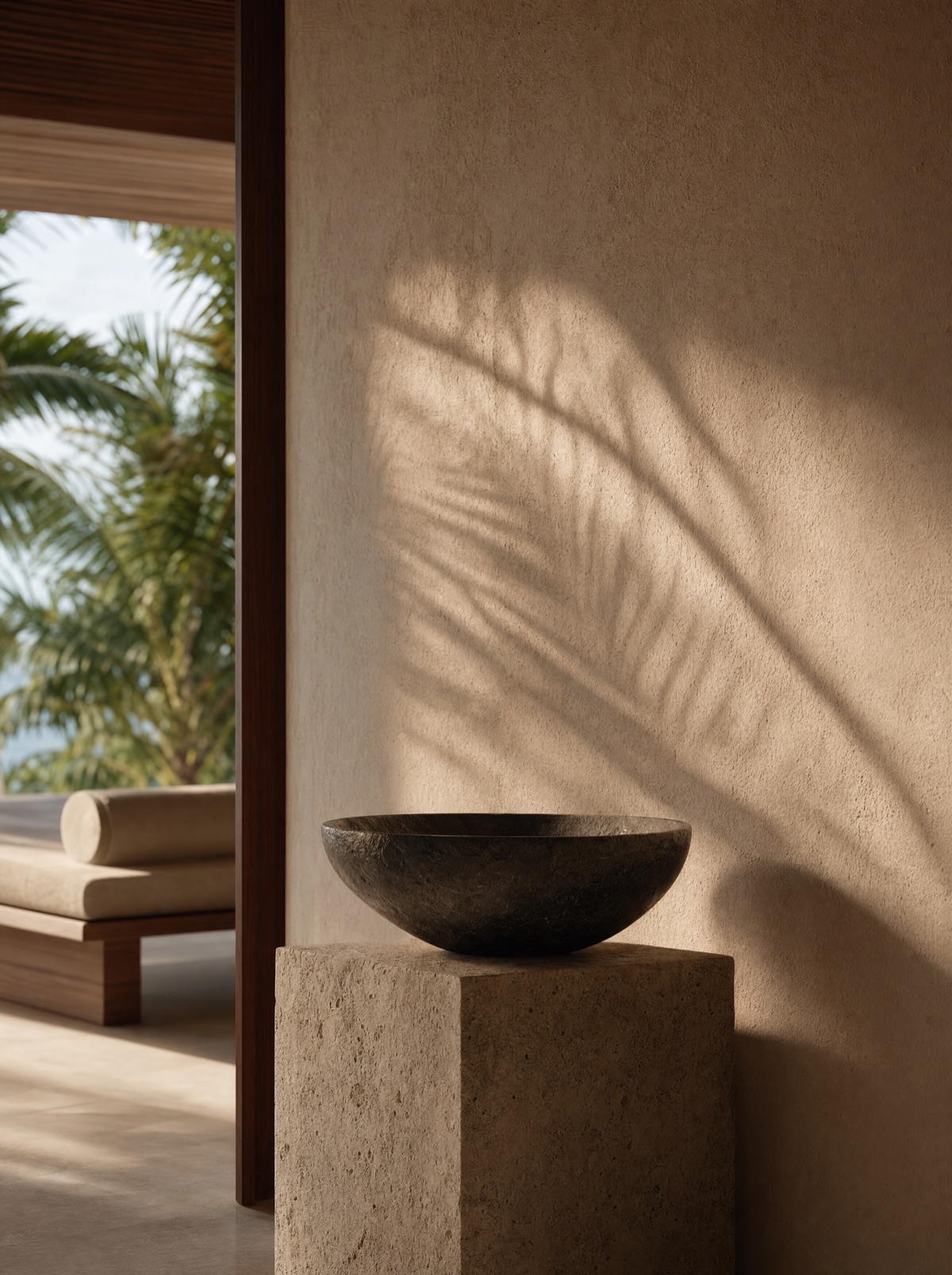 Palm shadows falling on a warm plaster wall beside a stone bowl